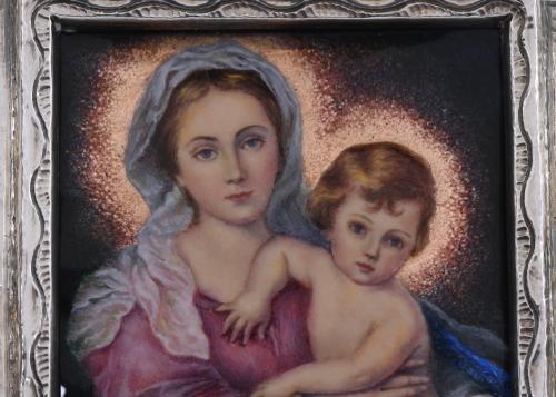 MINIATURA DE VIRGEN CON NIÑO EN MARCO EN PLATA, MED. SIGLO 