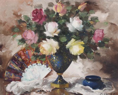 RUGGIERO MANCINI (20TH CENTURY). "STILL LIFE WITH FLOWERS AND A FAN".