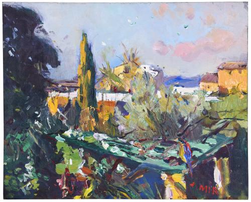 JOAQUIM MIR I TRINXET (1873-1940). "VILANOVA FROM THE ARTIST'S GARDEN". Can Rosich in the background. Circa 1936-40.