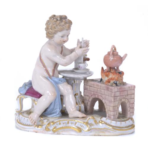 MEISSEN MANUFACTURE. BOY MAKING CHOCOLATE, 19TH CENTURY.