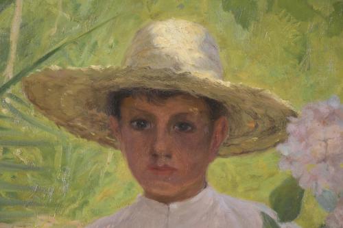 EARLY 20TH CENTURY SPANISH SCHOOL. "CHILD WITH HYDRANGEAS".