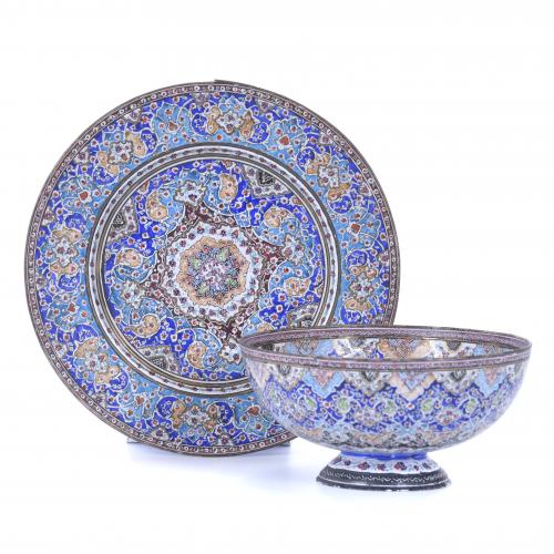 PERSIAN BOWL AND DISH, 20TH CENTURY.