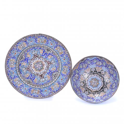 PERSIAN BOWL AND DISH, 20TH CENTURY.