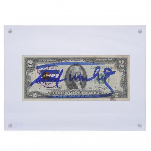 ATTRIBUTED TO ANDREW WARHOL (1928-1987). AMERICAN TWO-DOLLAR NOTE SIGNED AND STAMPED BY THE ARTIST, 1976.