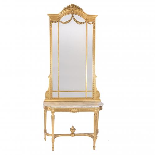 CONSOLE WITH GILT MIRROR, LOUIS XVI STYLE, 20TH CENTURY.