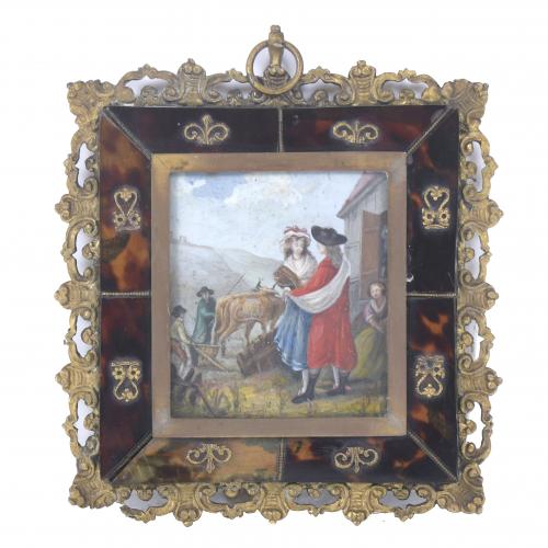 LATE 18TH CENTURY FRENCH SCHOOL. MINIATURE WITH A GENRE SCENE.