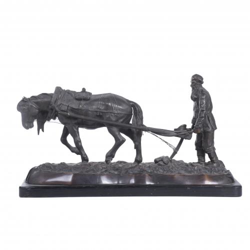 20TH CENTURY SPANISH SCHOOL. SCULPTURE "PLOUGH WITH HORSE".