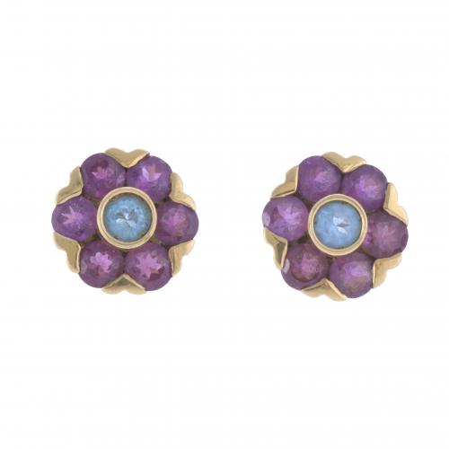 FLORAL EARRINGS WITH COLOURED RHINESTONES.