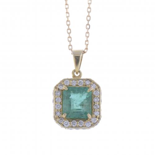 EMERALD AND DIAMONDS SQUARE ROSETTE PENDANT.