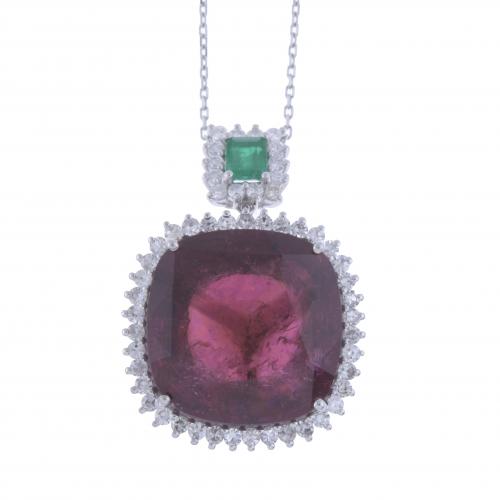 RUBELLITE TOURMALINE AND EMERALD PENDANT.