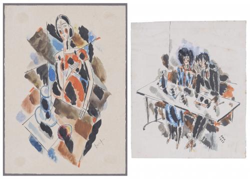 ANTONI ROCA MARISTANY (1895-1977).  Pair of drawings. "FIGURES IN FRONT OF A TABLE".