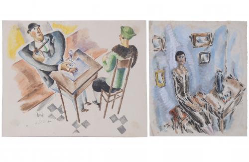 ANTONI ROCA MARISTANY (1895-1977).  Pair of drawings. "AT THE LYCEUM CAFÉ" and "WOMAN IN FRONT OF A TABLE", 1925.