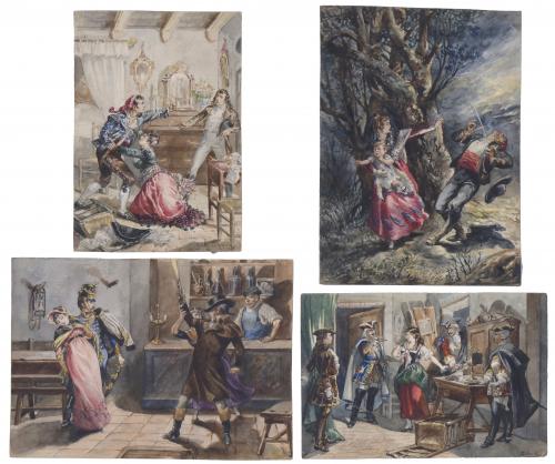 LLUÍS LABARTA I GRAÑÉ (1852-1924). Set of 4 illustrations with violent scenes.