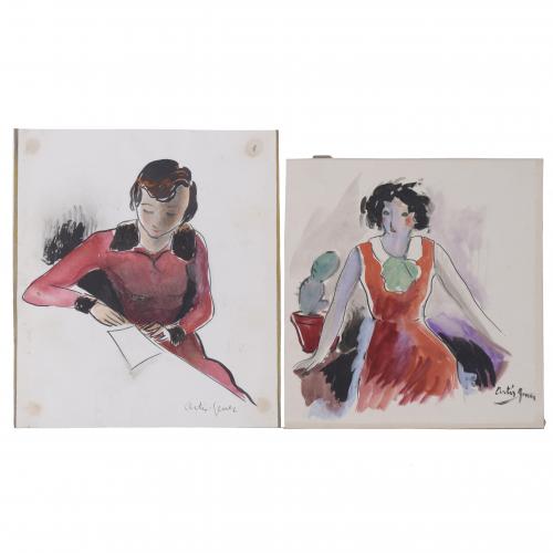 AVEL·LI ARTIS-GENER (1912-2000).  Pair of drawings "GIRL IN RED DRESS".