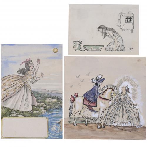 LOLA ANGLADA (1892-1984).  Set of 3 illustrations, one of them for the book "El Rey Rana".