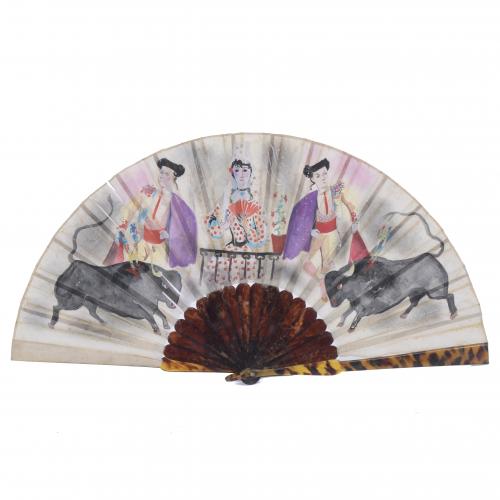 EMILI GRAU-SALA (1911-1975). PAINTED FAN. "BULLS, BULLFIGHTERS AND MANOLA".