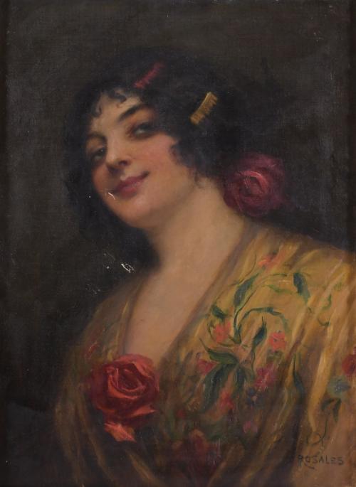 JOSÉ ROSALES ARÓSTEGUI (1924). "WOMAN WITH SHAWL AND ROSES".