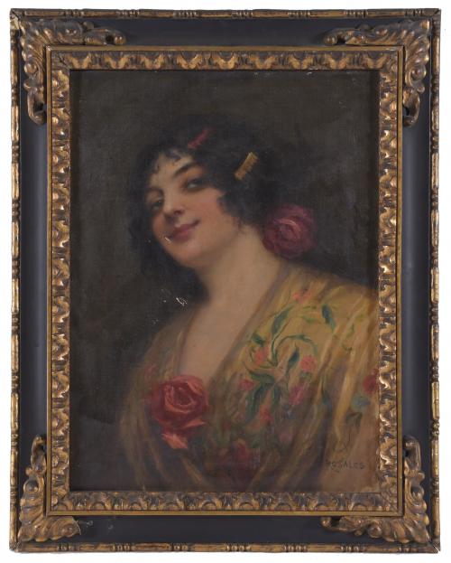 JOSÉ ROSALES ARÓSTEGUI (1924). "WOMAN WITH SHAWL AND ROSES".