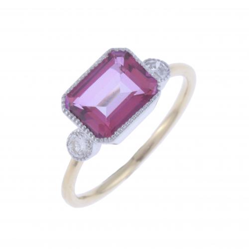 ART DECO STYLE RING WITH ROSE TOPAZ AND DIAMONDS.