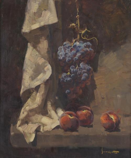 JOSEP SERRASANTA (1916-1998). "BODEGÓN UVAS Y MELOCOTONES".