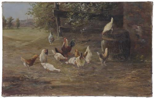 20TH CENTURY EUROPEAN SCHOOL. "HENS AND ROOSTER".