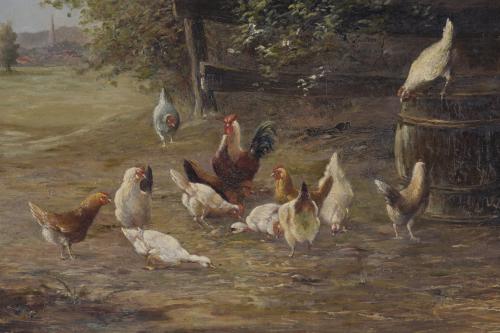 20TH CENTURY EUROPEAN SCHOOL. "HENS AND ROOSTER".