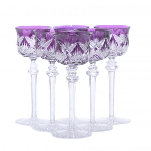 SIX TWO-TONE CARVED CRYSTAL GOBLETS, 20TH CENTURY.