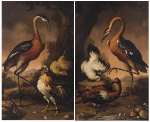 ESCUELA HOLANDESA, SIGLO XVIII. SIGUIENDO MODELOS DE MELCHIOR D'HONDECOETER. "Garzas y gallinas".