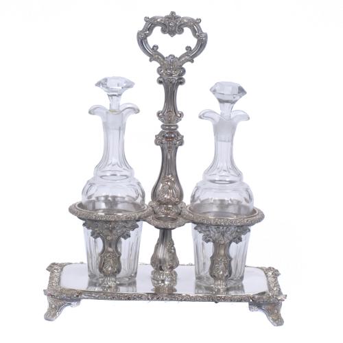 ELIZABETHAN STYLE SILVERY METAL CRUETS, 20TH CENTURY.