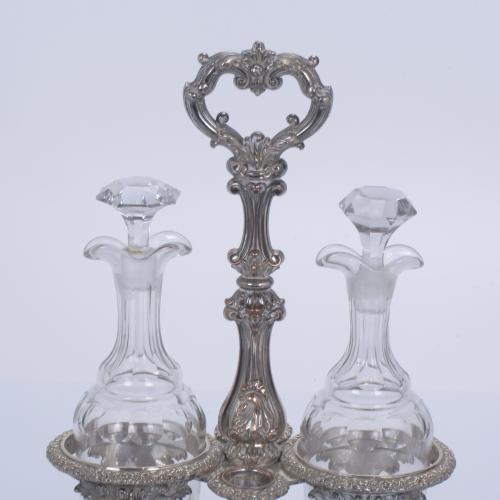 ELIZABETHAN STYLE SILVERY METAL CRUETS, 20TH CENTURY.