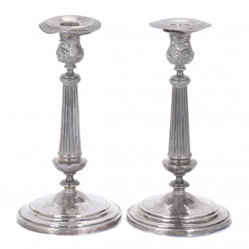 PAIR OF BARCELONA SILVER CANDELABRA, 19TH CENTURY.