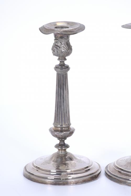 PAIR OF BARCELONA SILVER CANDELABRA, 19TH CENTURY.