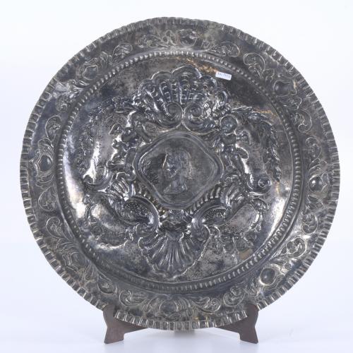 LARGE EMBOSSED SILVER DISH, 19TH CENTURY.