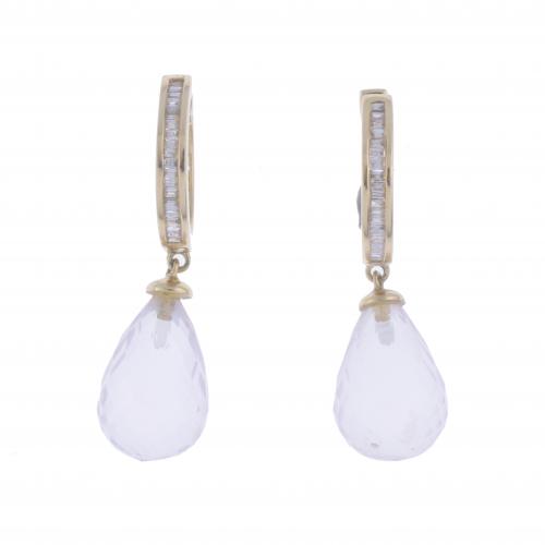 LONG EARRINGS WITH DIAMONDS AND ROSE QUARTZ.