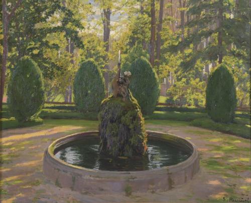 SANTIAGO RUSIÑOL (1861-1931). "JARDÍN CON SURTIDOR", Aranjuez, Circa 1920.