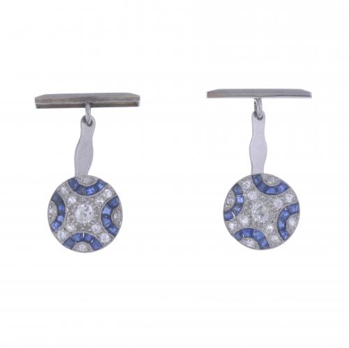 ART DECO CUFFLINKS WITH DIAMONDS AND SAPPHIRES.