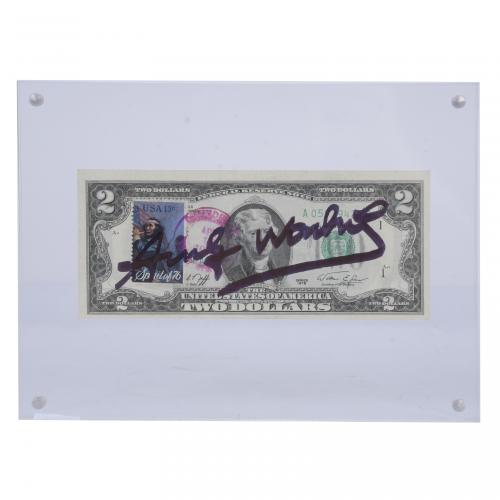 ATRIBUIDO A ANDREW WARHOL (1928-1987). BILLETE AMERICANO DE DOS DÓLARES FIRMADO Y ESTAMPADO POR EL ARTISTA, 1976.