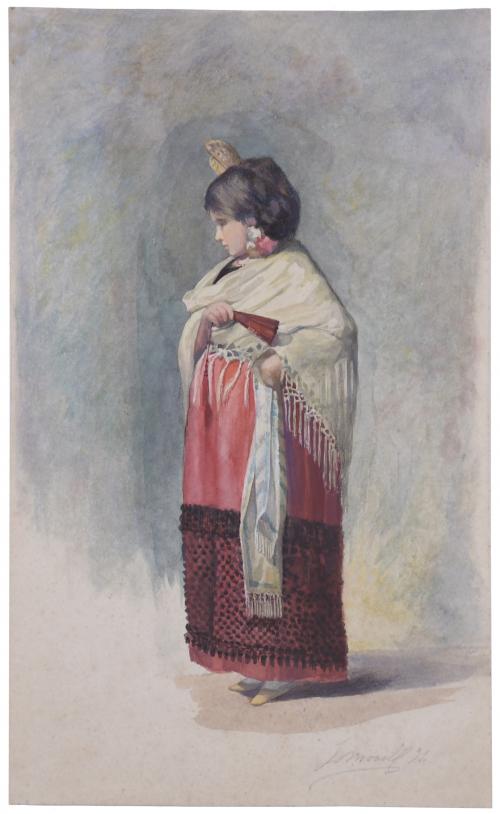 LLUÍS MORELL CORNET (XIX).  "NIÑA CON MANTÓN Y ABANICO", 1891.