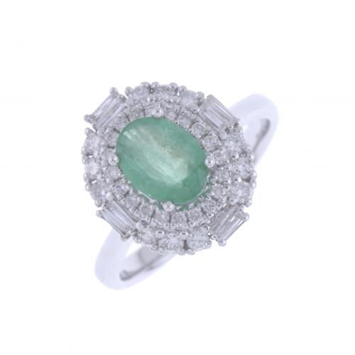 DIAMONDS AND EMERALD ROSETTE RING.