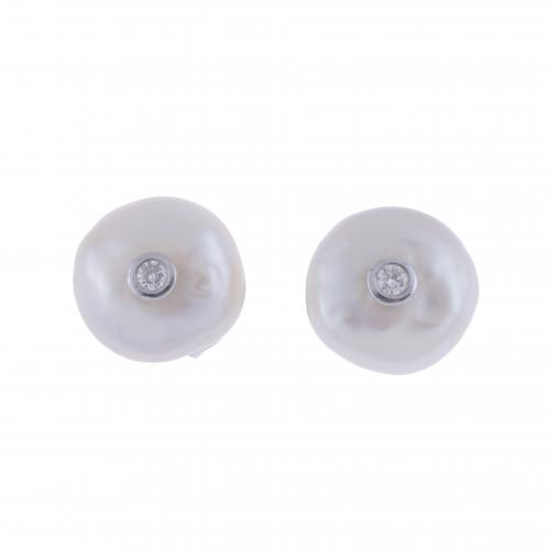 PEARL AND DIAMOND BUTTON EARRINGS.