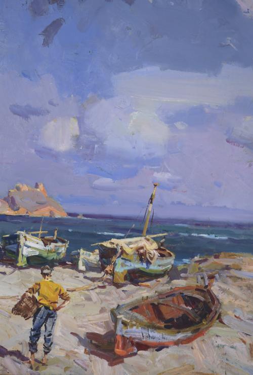 JOSEP SERRASANTA (1916-1998). "BARCAS EN LA PLAYA".