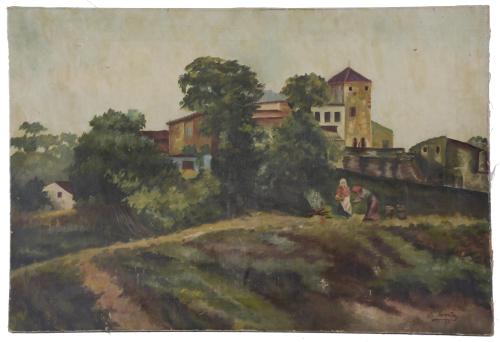 ESCUELA ESPAÑOLA, SIGLO XX. "PAISAJE  RURAL CON FIGURAS", 1917.