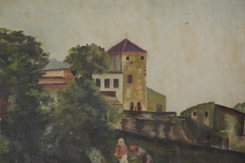 ESCUELA ESPAÑOLA, SIGLO XX. "PAISAJE  RURAL CON FIGURAS", 1