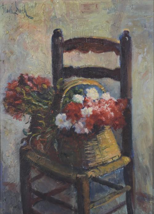 ELADI DUCH MOSTEIRO (1931-2020).  "CESTA DE FLORES SOBRE SILLA DE MIMBRE".