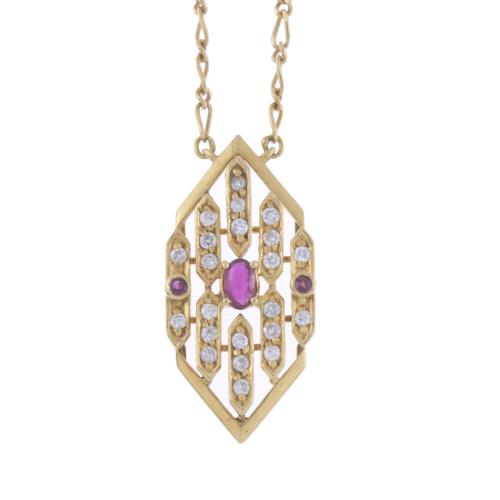 ART DECO STYLE PENDANT WITH DIAMONDS AND RUBIES.