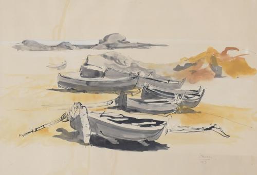 JOSEP MARIA PRIM GUYTO (1907-1973). "BARCAS EN LA PLAYA", 1944.