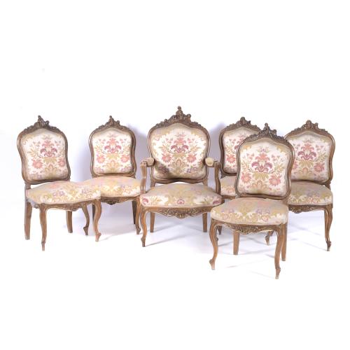 PORTUGUESE SET OF ONE ARMCHAIR AND FIVE CHAIRS. JOAO IV STYLE, 19TH CENTURY.