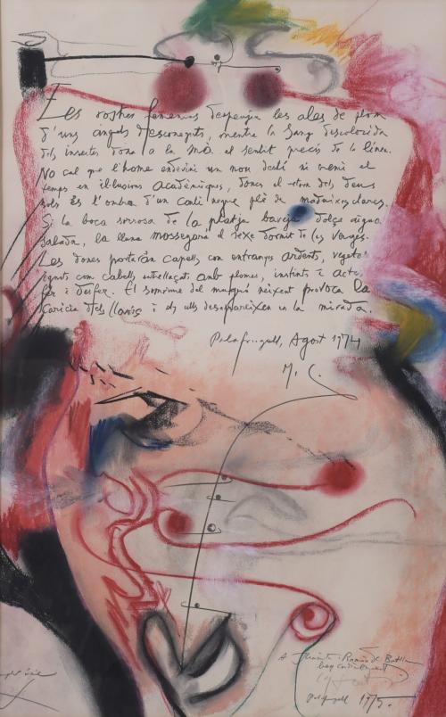 MODEST CUIXART i TÀPIES (1925-2007). Pastel on paper, with printed text and original dedication, 1975.