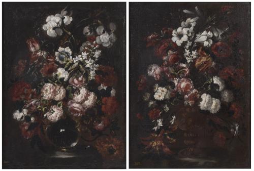 17TH-18TH CENTURIES SPANISH SCHOOL. Pair of flowers still lifes.