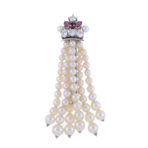 PEARLS AND GEMSTONES BROOCH.